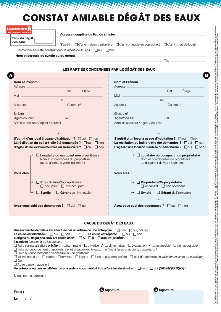 constat amiable degat des eaux à remplir en ligne, modifiable, à télécharger en pdf et à faire remplir par votre voisin.